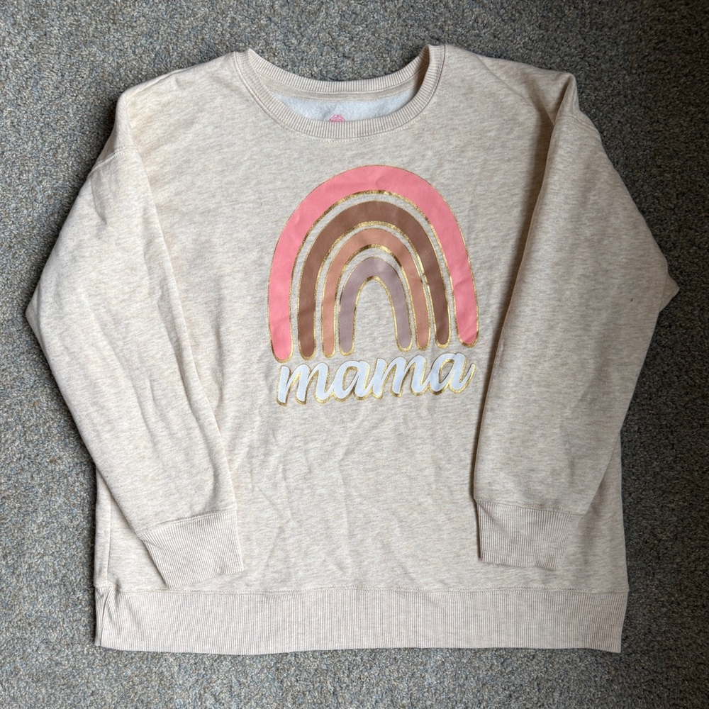 Beige 'Mama' neutral boho Rainbow crewneck Sweatshirt size L